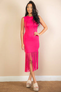 Sleeveless Fringe Midi Dress: FUCHSIA