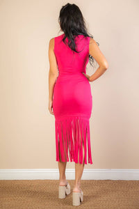 Sleeveless Fringe Midi Dress: FUCHSIA